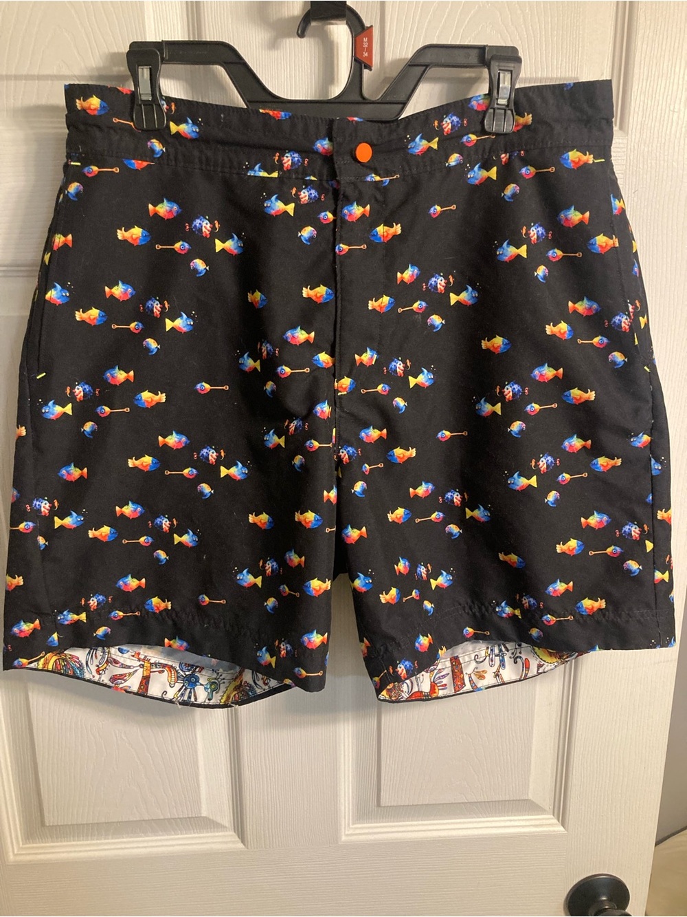 Robert Graham Black Swim Board Shorts with Colorful Fish Print